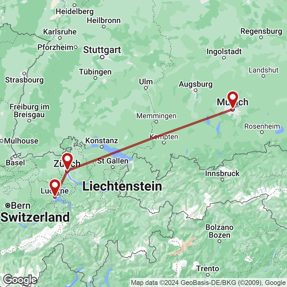 Route for Lucerne, Zurich, Munich tour